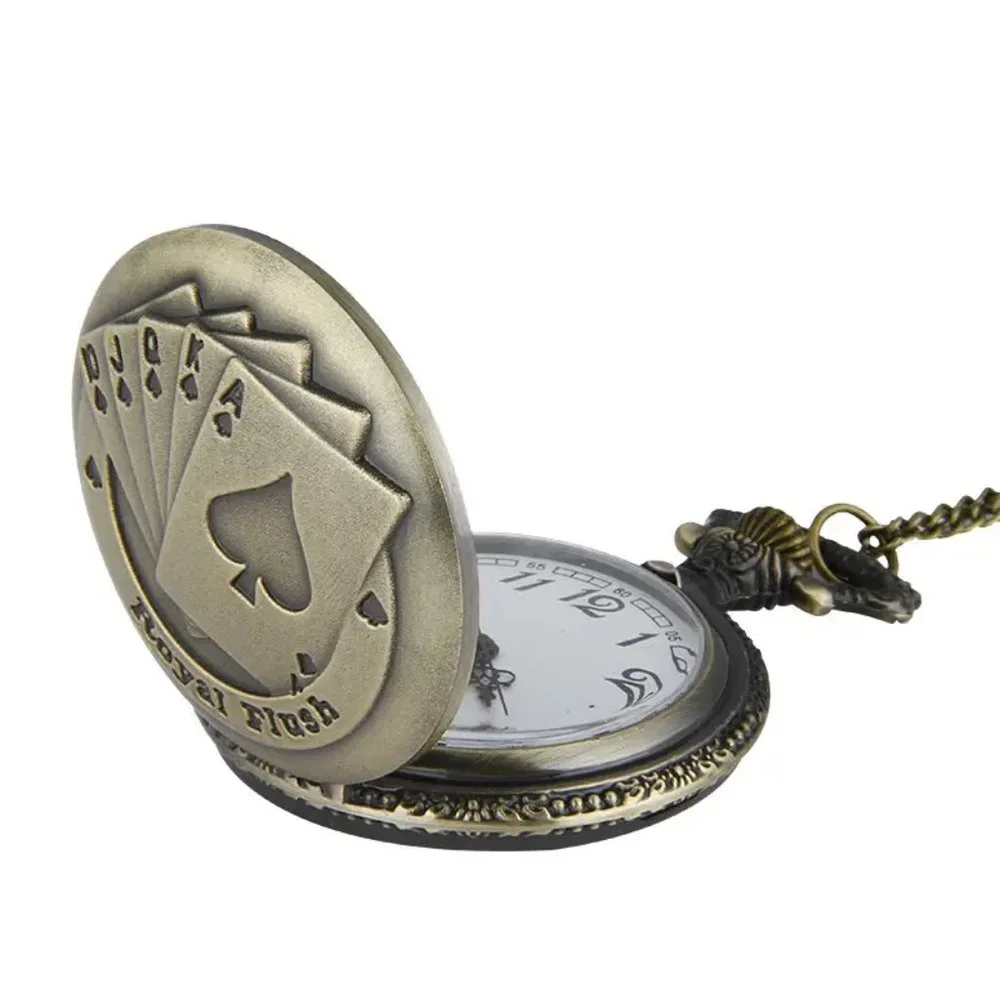 Royal Flush Poker Cards Antique Bronze Pocket Watch with Chain Necklace